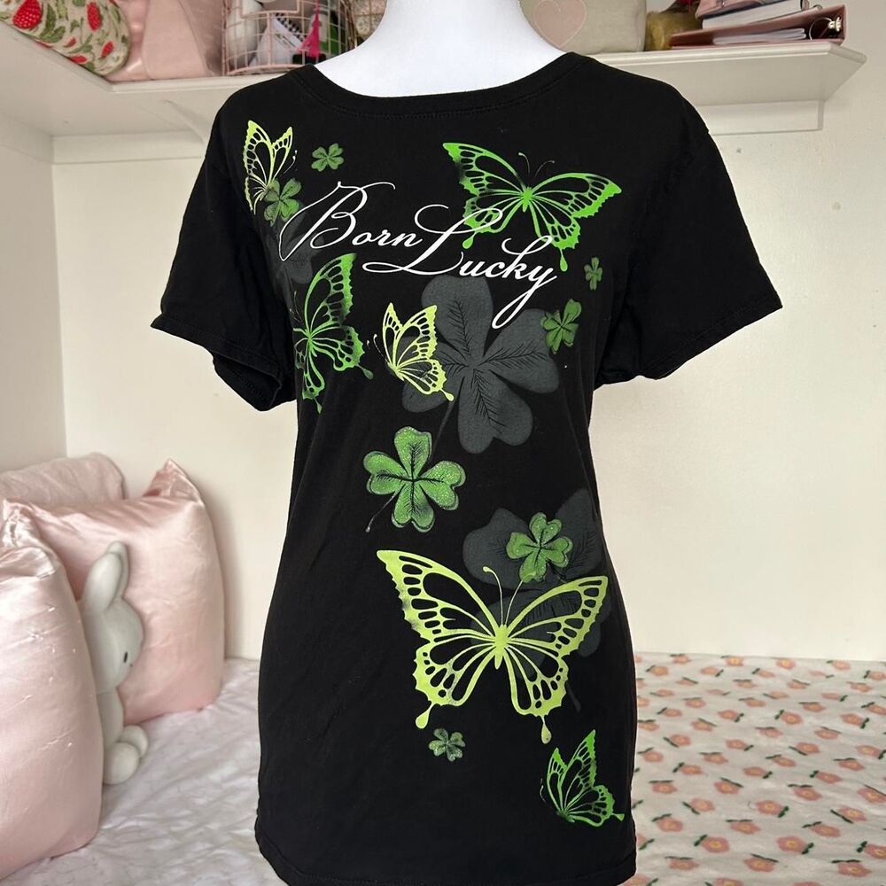 Lucky-brand Women's Black and Green T-shirt